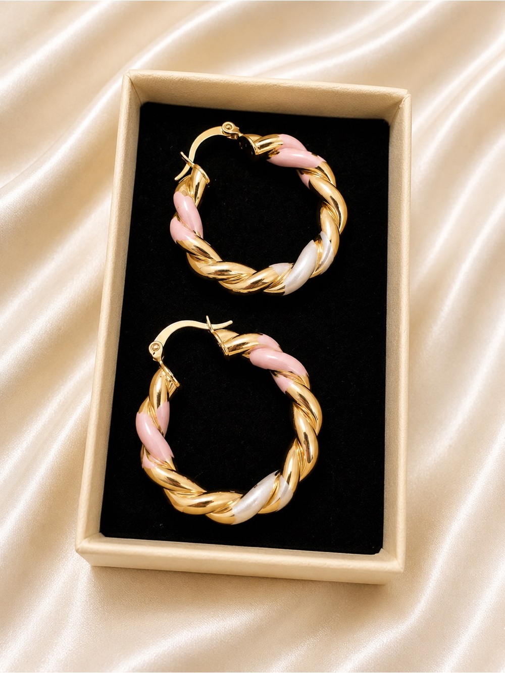 Laminated Gold Pink & White Twisted Hoop Earrings